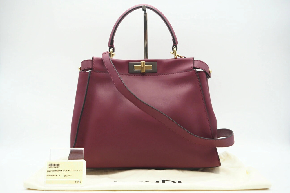 Fendi Peekaboo Regular Leather Handbag Bordeaux Purple Brown